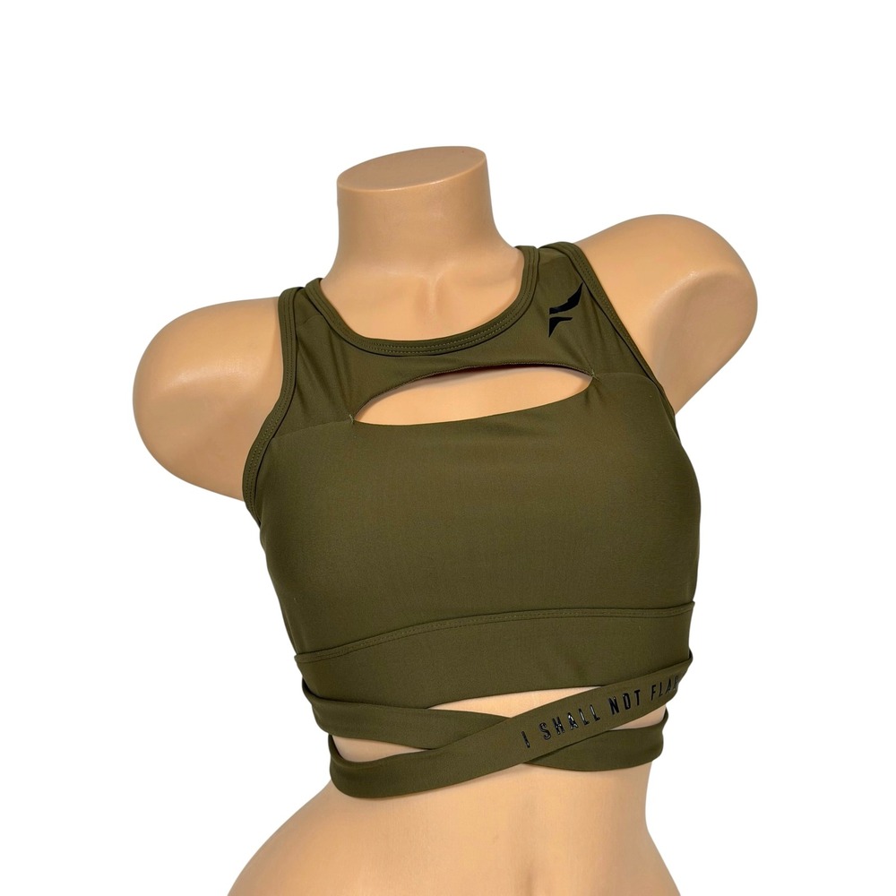 Flag Nor Fail Women's Olive Green Wrap Tie Keyhole Sports Bra Size Medium